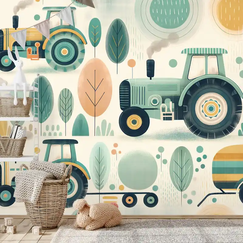Oferta czasowa Tapeta dziecięce traktory w pastelowych kolorach