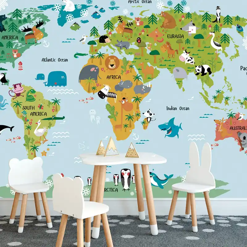 Tapeta dziecięca mapa świata ze zwierzętami Tani