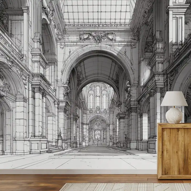 Samoprzylepna tapeta historyczna architektura w czarno-białym rysunku Szybka wysyłka