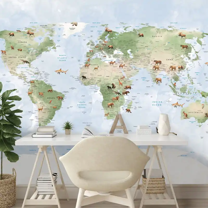 Fototapeta mapa świata ze zwierzętami Dostępne od ręki