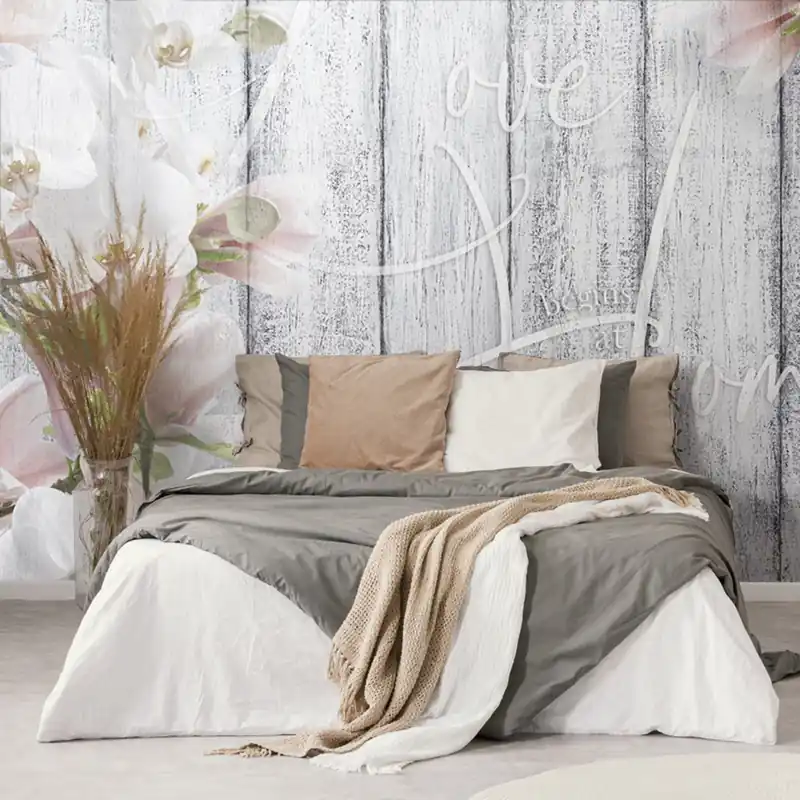 Cena promocyjna Samoprzylepna tapeta vintage orchidea z napisem - Love begins at home
