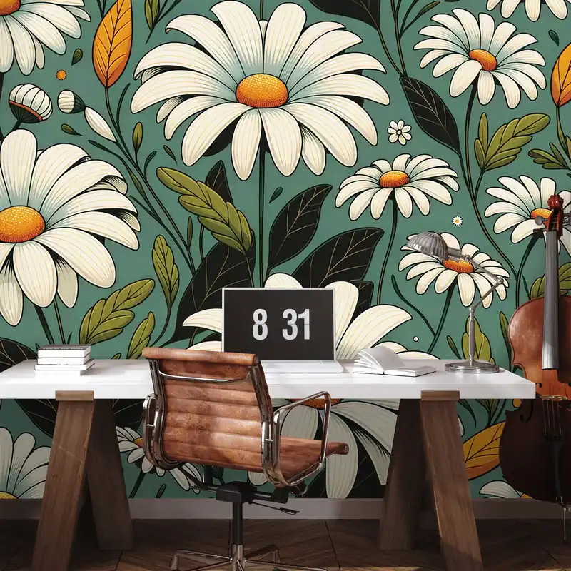 Ekspresowa dostawa Tapeta retro stokrotki z liśćmi