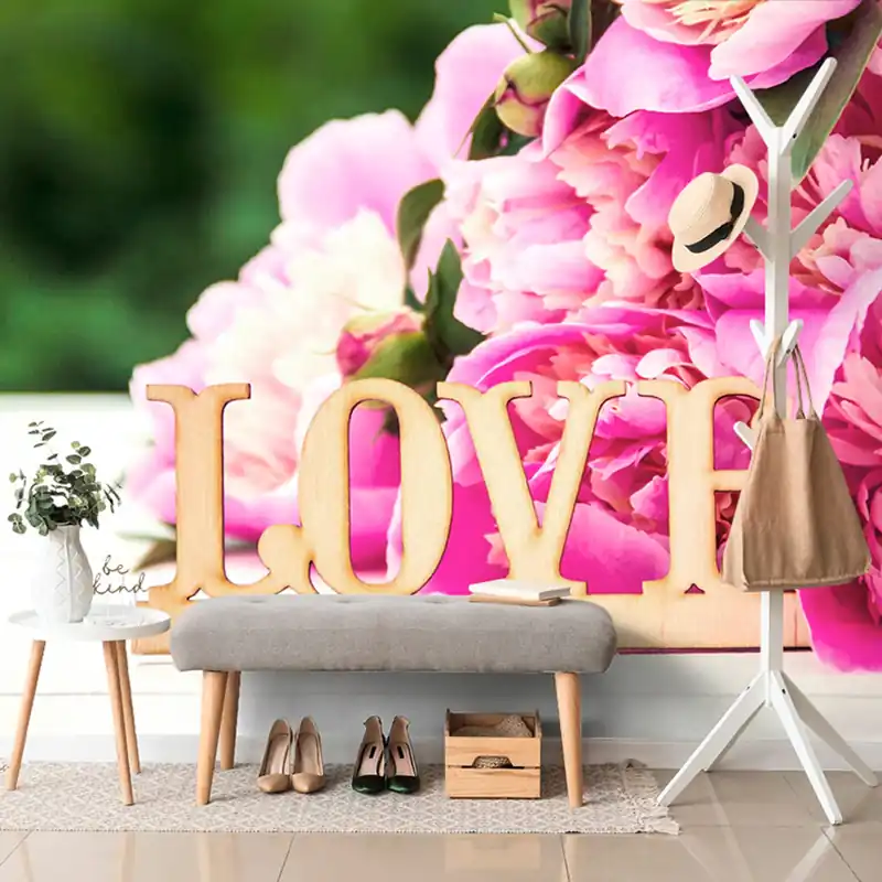 Cena promocyjna Fototapeta piwonie z napisem Love
