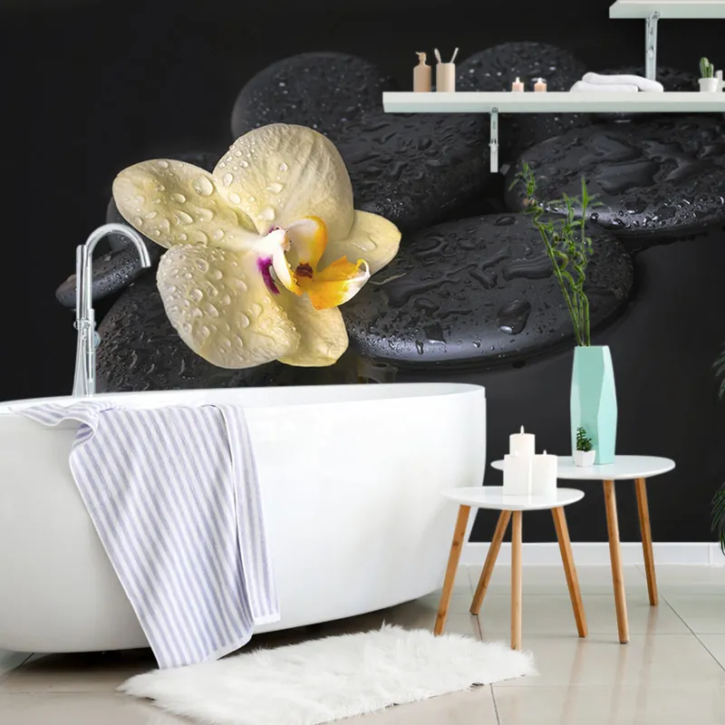 Ostatnie sztuki Fototapeta Kamienie Zen z żółtą orchideą