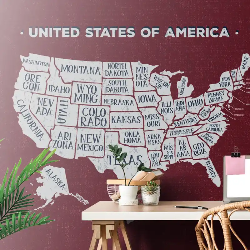 Tapeta edukacyjna mapa USA z bordowym tłem Szybka wysyłka