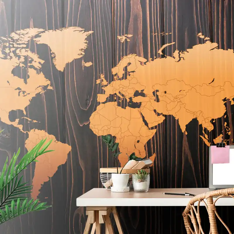 Tapeta pomarańczowa mapa na drewnie Wyjątkowa oferta