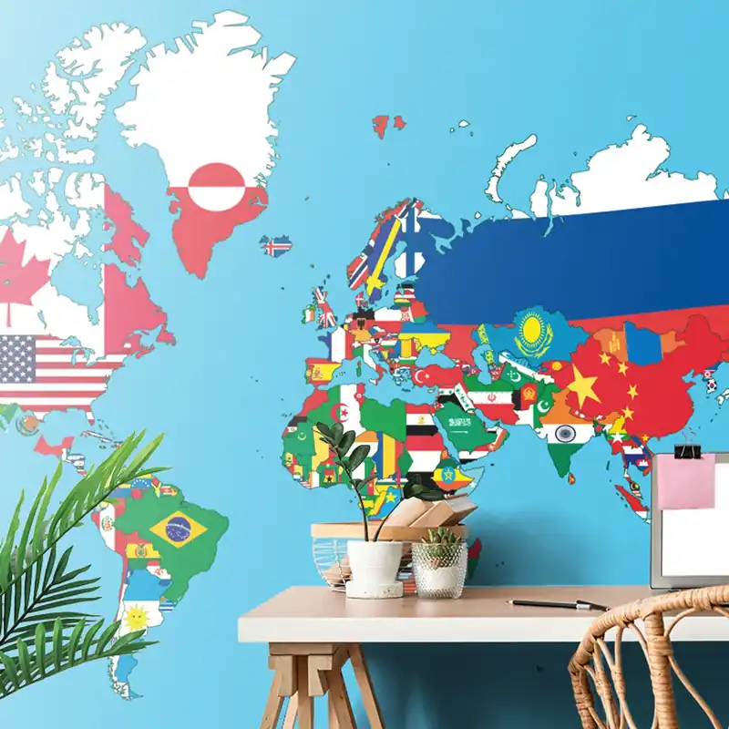 Premium Tapeta mapa świata z flagami