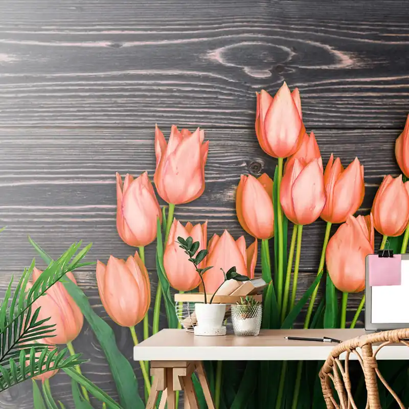Kup teraz Samoprzylepna fototapeta pomarańczowe tulipany na drewnianym tle