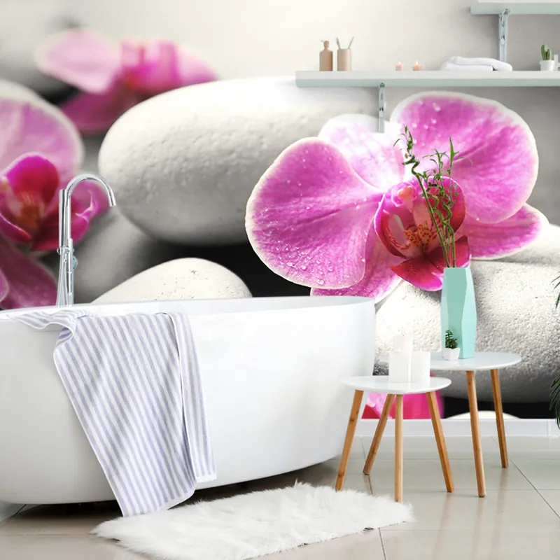 Nie przegap Samoprzylepna fototapeta kwiaty orchidei na kamieniach