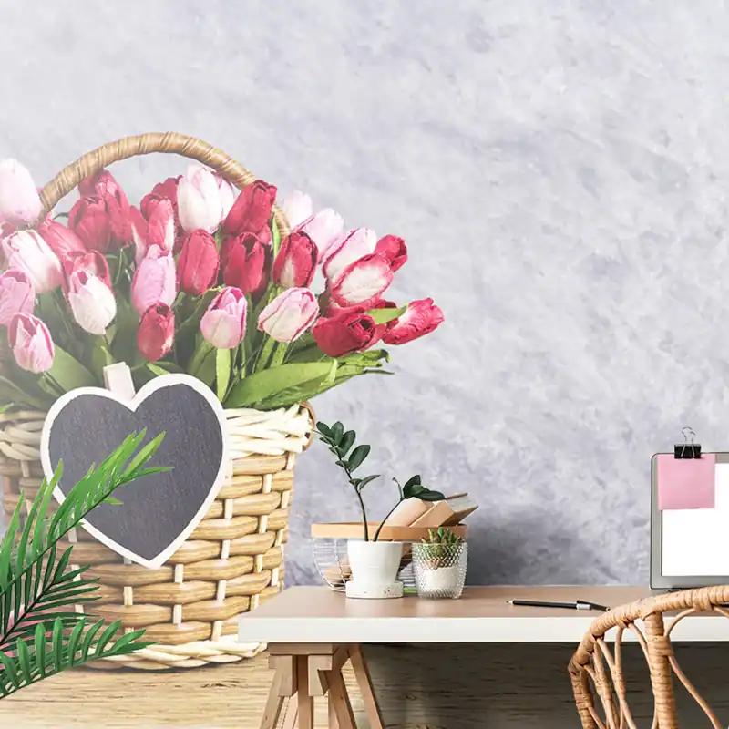 Samoprzylepna fototapeta tulipany w drewnianym koszu Tylko do końca tygodnia