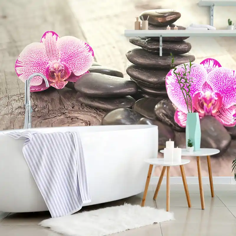 Hit sprzedaży Samoprzylepna fototapeta orchidea i zen kamienie na drewnie