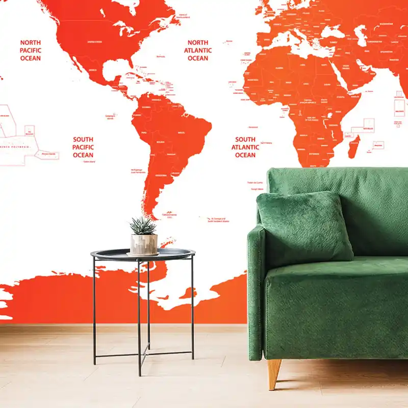 Oferta limitowana Samoprzylepna tapeta mapa świata z poszczególnymi państwami na czerwono