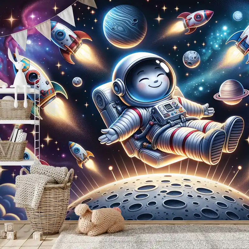 Samoprzylepna fototapeta wesoły astronauta wśród rakiet Ekspresowa dostawa