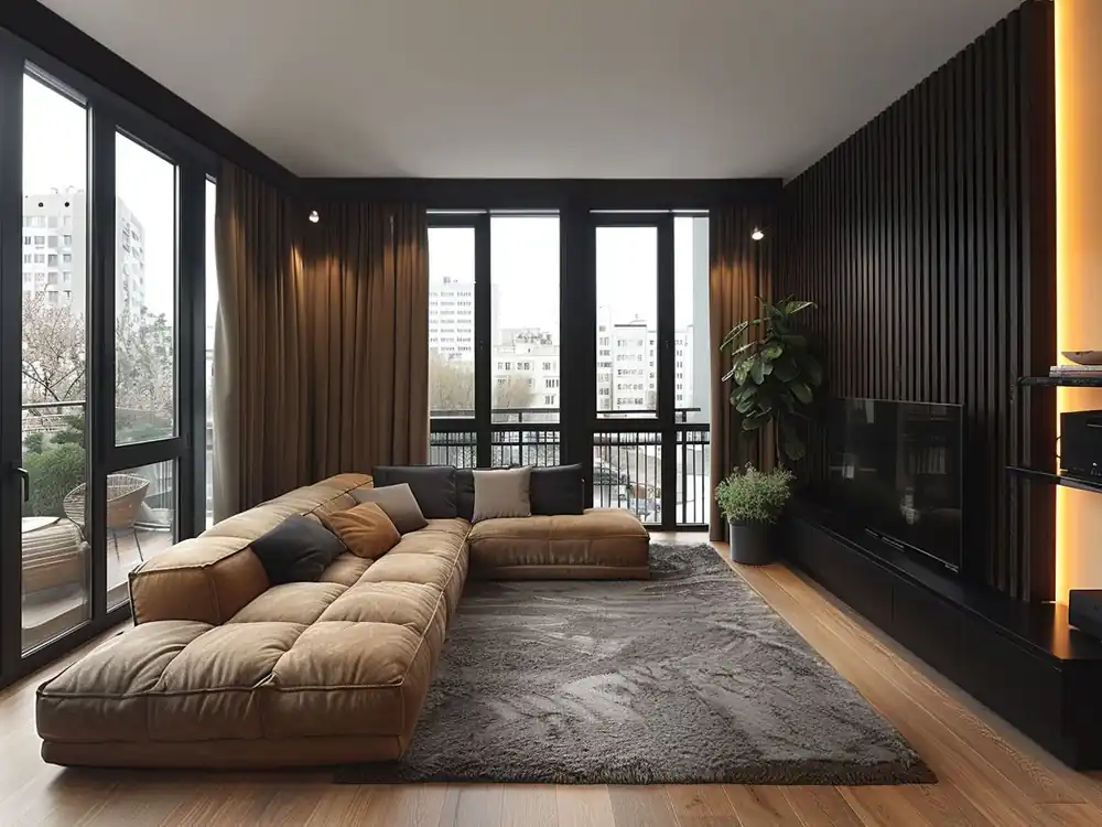 Bezpieczna płatność Salon w stylu loft z lamelami i czarną maskownicą karnisza