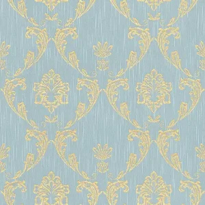 Tapeta 30658-6 AP Metallic Silk AS Creation ornament z kwiatowymi elementami w kolorze złotym - złotym, niebieskim, zielonym Bestseller
