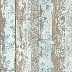 Obniżka ceny Tapeta 36119-1 Bude 2.0 AS Creation z efektem rustykalnej deski z kwiatowym nadrukiem w stylu vintage - niebieski, brązowy, szary