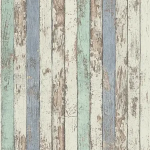 Tylko do końca tygodnia Tapeta 95914-1 DEKORA NATUR 6 AS Creation drewniana z motywem kolorowych desek w stylu shabby chic - biały, brązowy, niebieski