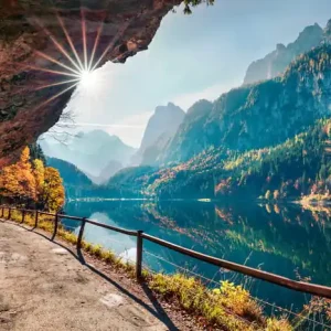 Fototapeta Sunny Autumn Scene Of Vorderer ( Gosausee ) Lake. Colorful Morning View Of Austrian Alps, Upper Austria, Europe. Beauty Of Nature Concept Background. Tylko dziś