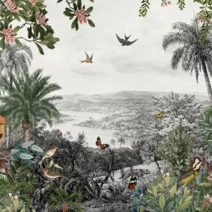 Fototapeta Tropical Jungle Wallpaper Palm Trees, Birds And Parrot In The River Land With Flying Butterflies Hit sprzedaży