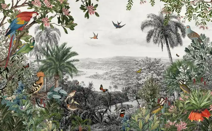 Fototapeta Tropical Jungle Wallpaper Palm Trees, Birds And Parrot In The River Land With Flying Butterflies Hit sprzedaży