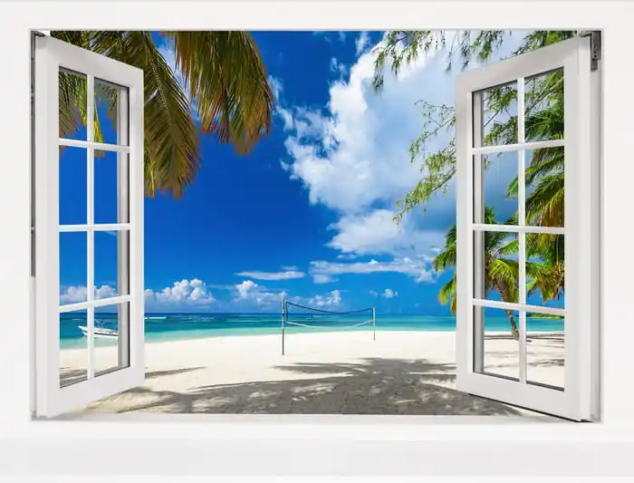 Szybka wysyłka Fototapeta View From An Open Window To A Tropical Landscape.