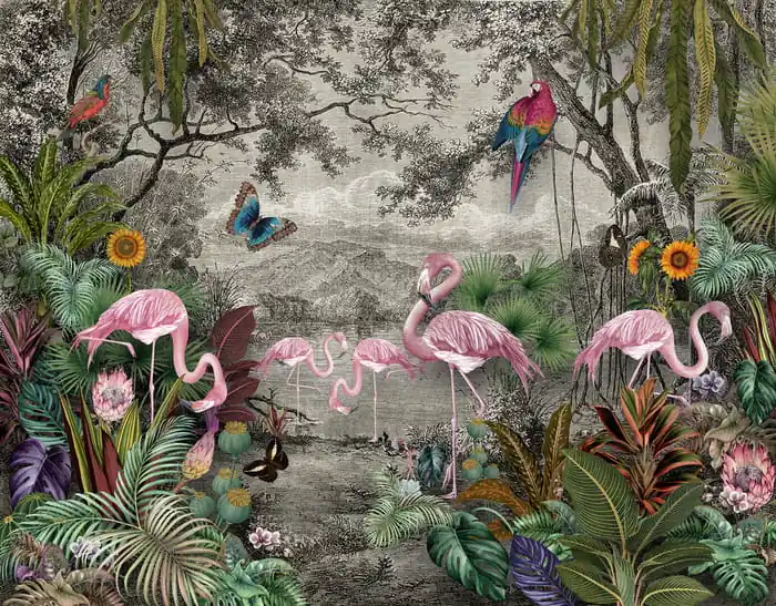 Fototapeta Wallpaper Jungle And Tropical Forest Banana Palm And Tropical Birds, Old Drawing Ostatnie sztuki