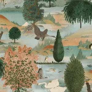 Tapeta ścienna naturalny krajobraz łabędzie góry drzewa 91531 Xanadu Holden Darmowy zwrot